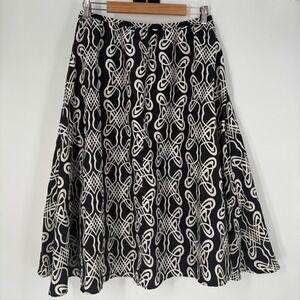 Chico's 100% Silk Midi Skirt Black White Geometric Scroll Size M Luxury